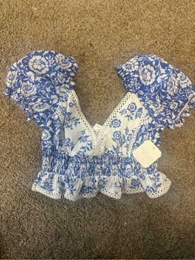 Altar'd State Blue and White Floral Cropped Top